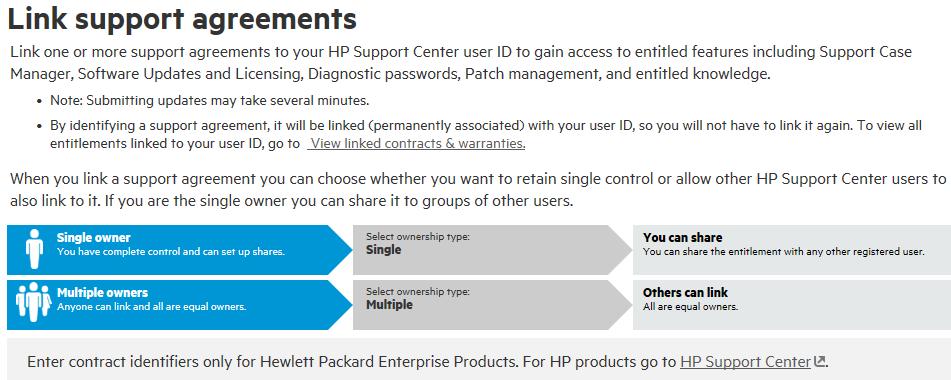 Link contracts and warranties Although contracts and warranties associated with remotely registered devices are automatically linked to your HPE Passport ID (see Derived contracts and warranties),