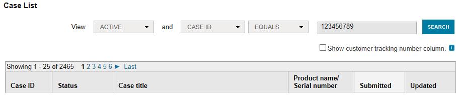 For example, search for an active case ID that equals 123456789: To filter by status only, select a status, leave the search box empty, and click Search.
