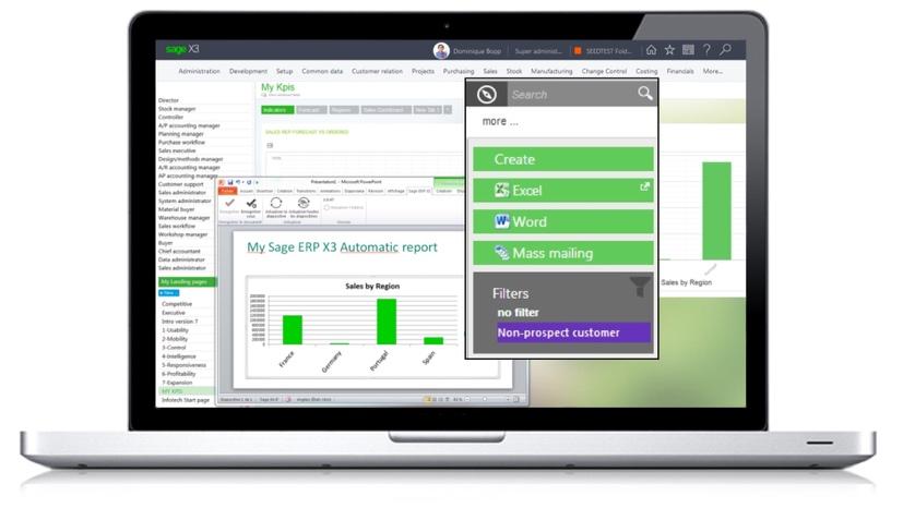 Microsoft Office Add-ins Sage X3 includes a suite of Microsoft Office add-ins for Excel, Word and PowerPoint that simplifies the sharing of documents and templates between members of a team, using a