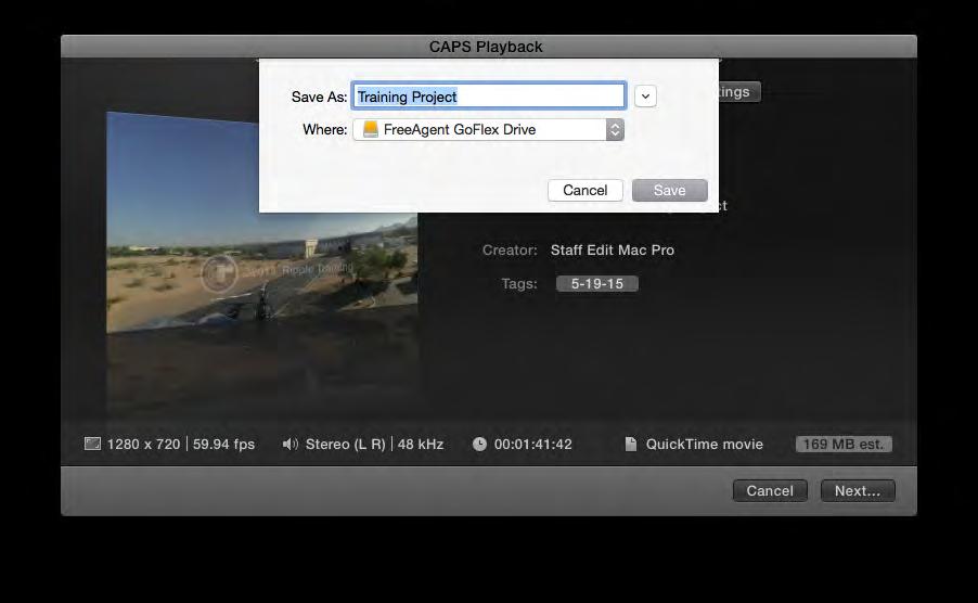 To export a file for CAPS playback, click the Show Share Destinations button on the far right of the window and select CAPS