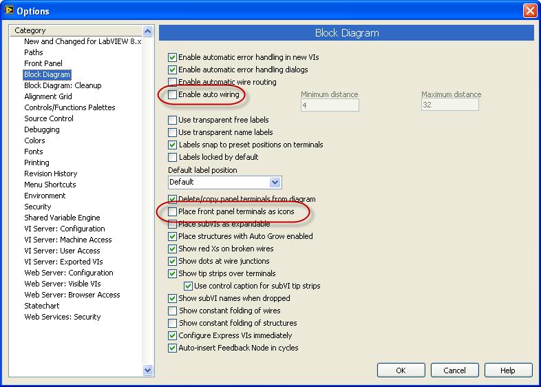 34 Customize LabVIEW Disable Enable auto wiring option. This prevents LabVIEW from automatically connecting adjacent blocks.