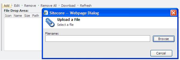 If the File Drop Area field is disabled, an Upload File dialog box appears when you click Add: When Sitecore publishes an item, it automatically publishes media items referenced in any File