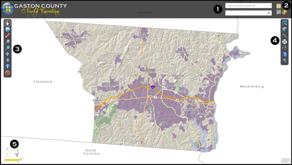 The Gaston County GIS mapping website optimizes the available window viewing area and has interactive tools, collapsible menus and movable windows.