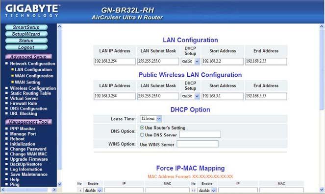 The Network Configuration Screen The Network Configuration screen consists of three areas: LAN Configuration, WAN Configuration and WAN settings.