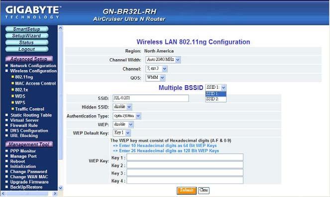 The Wireless Configuration Screen The Wireless Configuration screen allows you to configure the Router s WLAN function. The 802.11ng Tab Region Indicates the geographical region you are in.