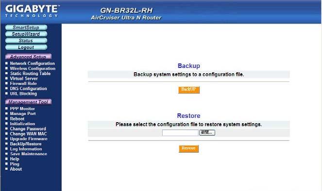 The Backup / Restore Screen GN-BR32L-RH 2.