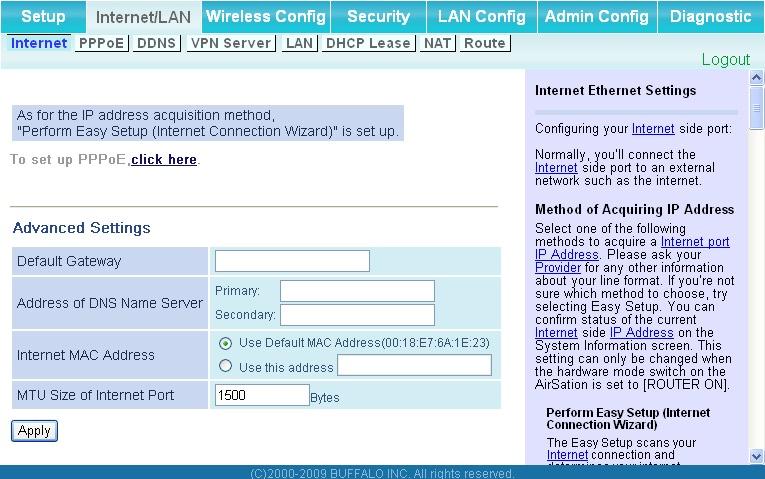 Internet/LAN (LAN Config) Internet (Router Mode only) The screen to configure a port of the Internet side.