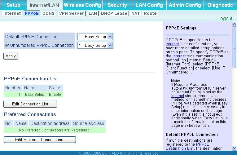 PPPoE (Router Mode only) The screen to configure PPPoE settings.