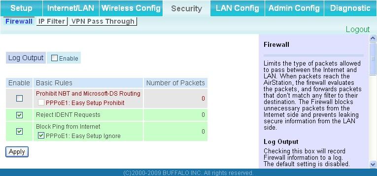 Security (Router Mode only) Firewall (Router Mode only) The screen to configure firewall features of the AirStation.