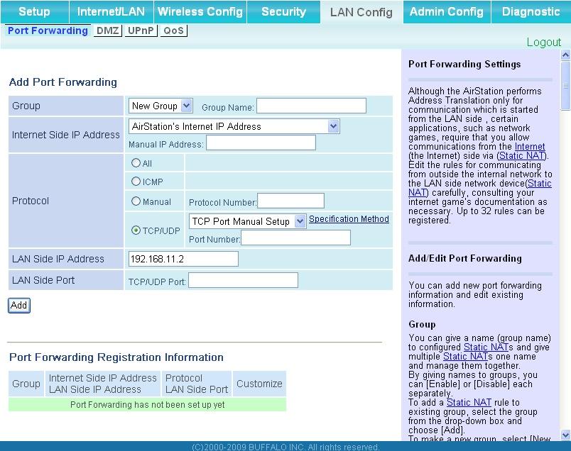 LAN Config (Router Mode only) Port Forwarding (Router Mode only) The screen to configure the port translation.