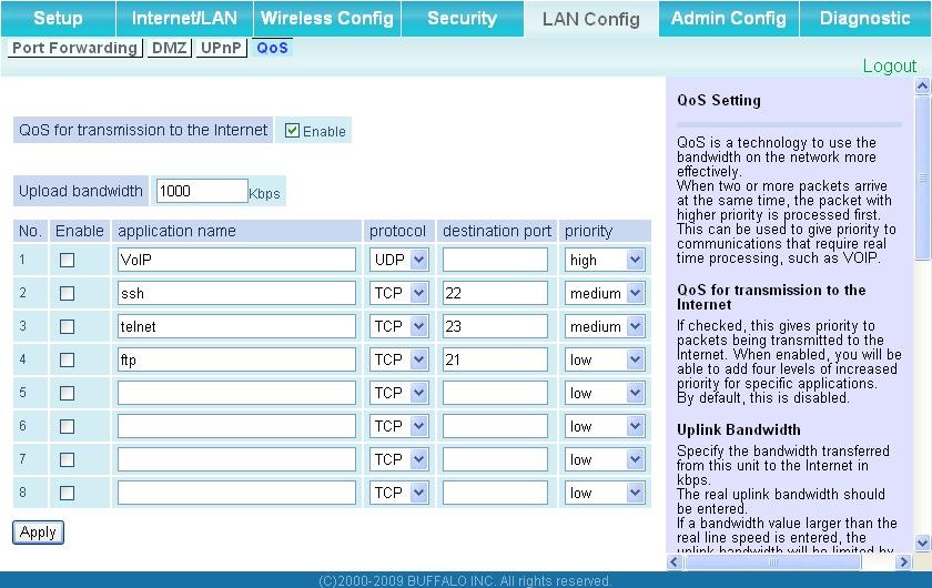 QoS (Router Mode only) The screen to configure the priority control of packets sent to the Internet.