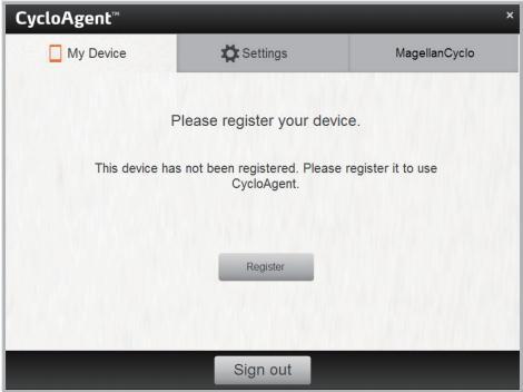 3) Sign in by entering your email address and password, and then clicking Sign in. 4) After signing in, you will see the CycloAgent screen that contains 3 tabs: My Device, Settings and MagellanCyclo.