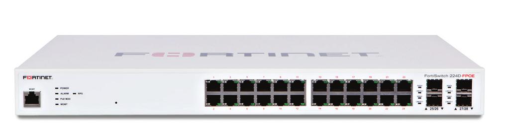 FORTISWITCH 224D-POE 20x GE RJ45 ports and 4x GE RJ45/SFP combo ports FORTISWITCH 224D-FPOE 24x GE RJ45 ports and 4x GE SFP ports Dedicated Management 10/100 Port 0 1 RJ-45 Serial Console Port 1 1