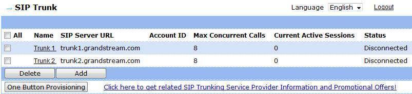 All configured SIP trunks as well as their details and current status are displayed.