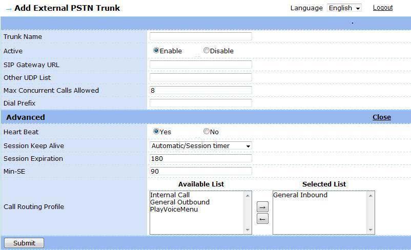 External PSTN Trunk Line: When clicked, the external PSTN trunk configuration page is shown. This page allows users to administrate SIP peer connections via external PSTN trunk gateways.