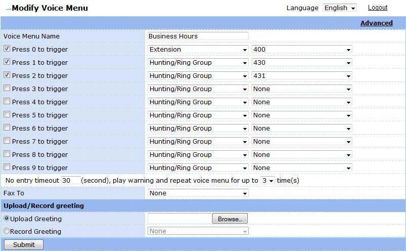 The Auto-Attendant menu displays all configured auto-attendant rules. - Voice Menu Configuration: The following actions can be performed in the Voice Menu sub menu section.