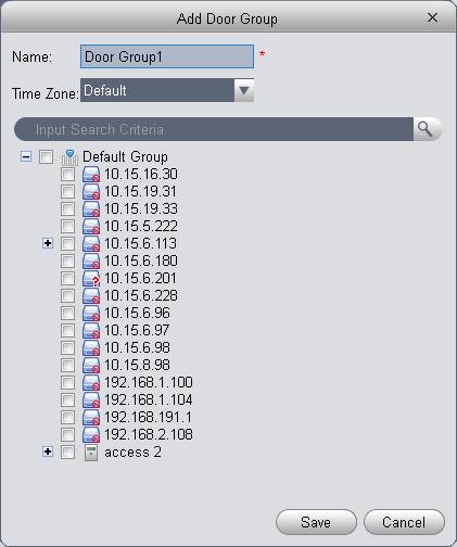 Figure 4-77 1) Enter name of door group, which cannot repeat existing door group name. 2) Select access period. 3) Check door, click Save.