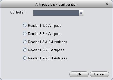 You can click in Anti-pass Back interface. See Figure 4-82. Figure 4-82 1) Select access controller to use anti-pass back. 2) Select anti-pass back rule according to access controller. 3) Confirm.