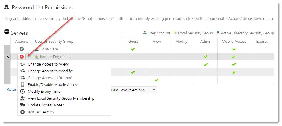 86 group, you can: Change the permissions to View, Modify or Admin Enable or disable Mobile client access for the permission Set or modify the time in which their access will be removed - if required