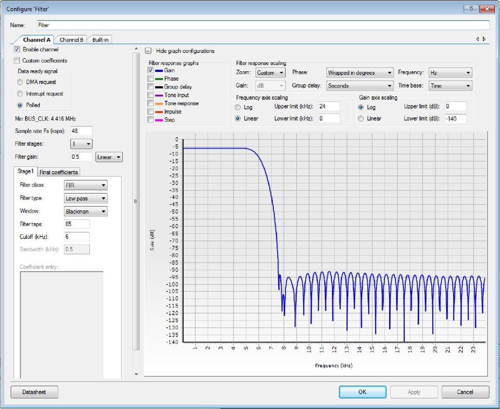 PSoC Creator Example Project Figure 4. Filter configuration window The VDAC is configured for an output range of 0-4.080V for the sake of easily verifying the output.