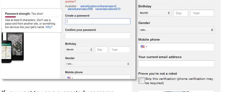 After entering a first and last name, Yahoo! suggests possible user names. You can click on one to use it or create your own user name.