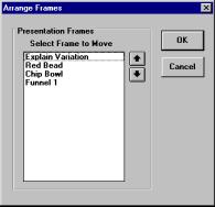 162 Chapter 9 Presentation Arrange Frames File Arrange Frames... Arrange Frames If you want to change the order of the presentation, select the File tab and Press the Arrange Frames button.