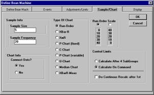 Bean Machine 67 BeanMach Sample/Chart Press the Sample/Chart Tab to select the type of chart and sampling options. Sample Size Type in the sample size you would like to use.