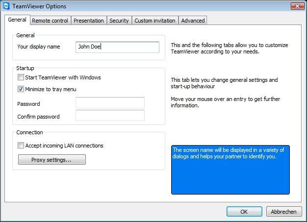 TeamViewer - Options The General tab offers you various settings. 6.2 Dialog Proxy Settings In most cases the default setting (Use web browser proxy settings) will be suitable.