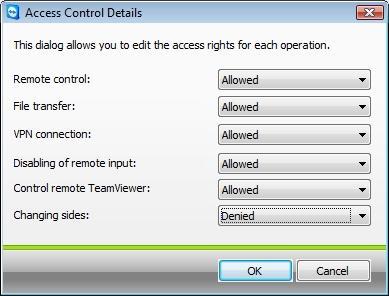 TeamViewer - Options In the details dialog of the Access Control you can define settings for the following session. 6.