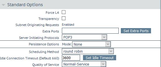 8. Within the Standard Options section of the Virtual Services options page, select the following options: a) Ensure the Force L4 check box is clear. b) Ensure the Transparency check box is clear.