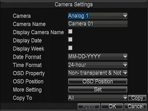 23 2.4 Configuring Cameras Purpose: You can configure the OSD (On-screen Display) settings for the camera, including camera name, date/time, etc. 1.