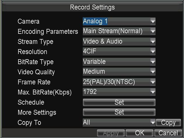 28 Figure 3. 2 Record Settings Interface 2. Select the channel to set the parameters. 3. Configure the following settings: Encoding Parameters: Main Stream (Normal), Main Stream (Event) and Sub Stream options are available.