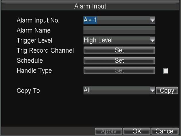 47 7.2 Configuring Alarm 7.2.1 Configuring Alarm Input Purpose: Configure the settings for alarm input, including trigger level, arming time, alarm response actions, etc. 1.