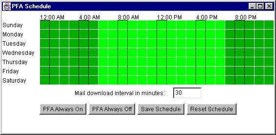 Viewing or Changing the PFA Schedule Using the default schedule, the PFA checks for mail at the ISP every 30 minutes from 6:00 a.m. to 6:59 p.m. each day.
