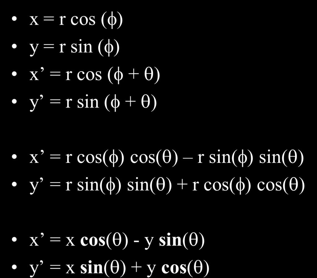 2D Rotation Derivation = r cos (f) = r sin (f) = r cos (f + ) = r sin (f + ) = r