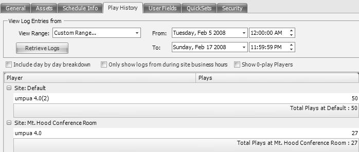 Viewing information about content Retrieving play history for content You can retrieve the play history of one or more selected content items from the Play History tab of the Content Properties