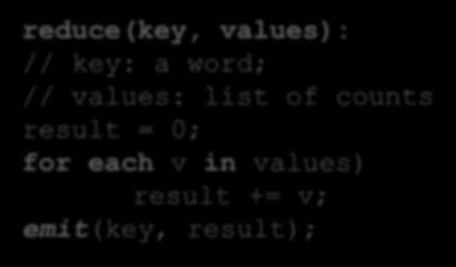 for each word w in value: emit(w, 1); reduce(key,