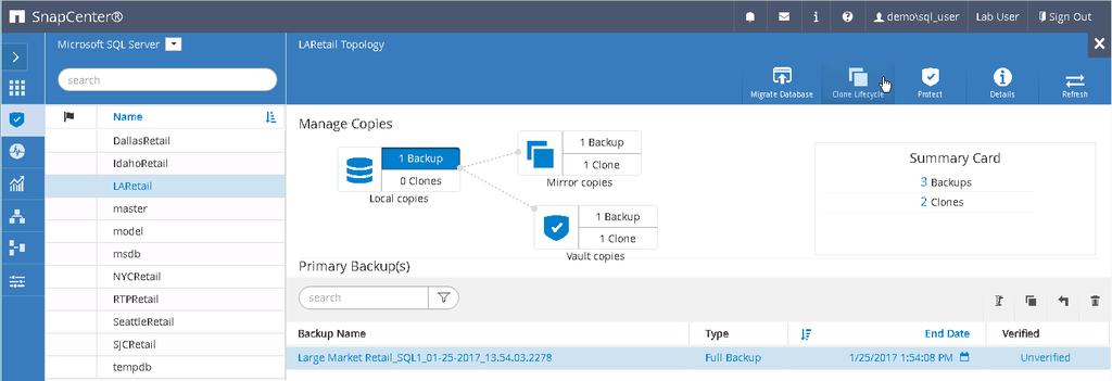 demo.netapp.com. 8. In the list of Databases, select LARetail and select the the backup box under Local Copies. 9.