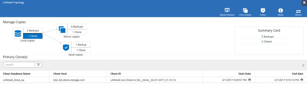 7. Select the one Clone that is on the local copy. This is the LARetail_clone_qa mounted to SQL-QA. 8. Select the LARetail_clone_qa copy, then click Delete. 9.