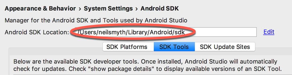 Setting up an Android Studio Development Environment Regardless of operating system, the PATH variable needs to be configured to include the following paths (where <path_to_android_sdk_installation>