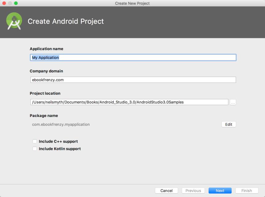 Creating an Example Android App in Android Studio Once this window appears, Android Studio is ready for a new project to be created.