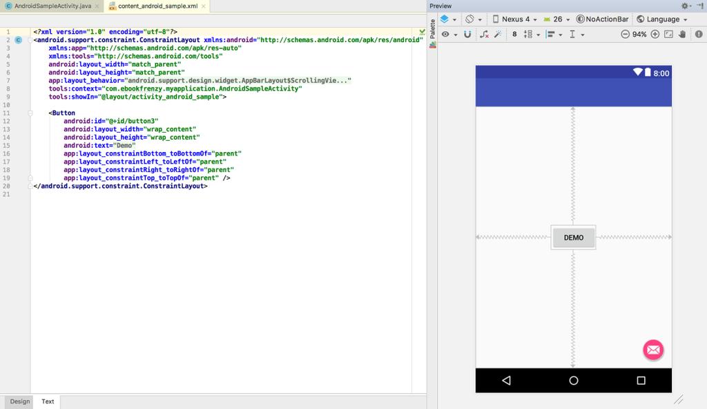 Creating an Example Android App in Android Studio Figure 3-19 As can be seen from the structure of the XML file, the user interface consists of the ConstraintLayout component, which in turn, is the