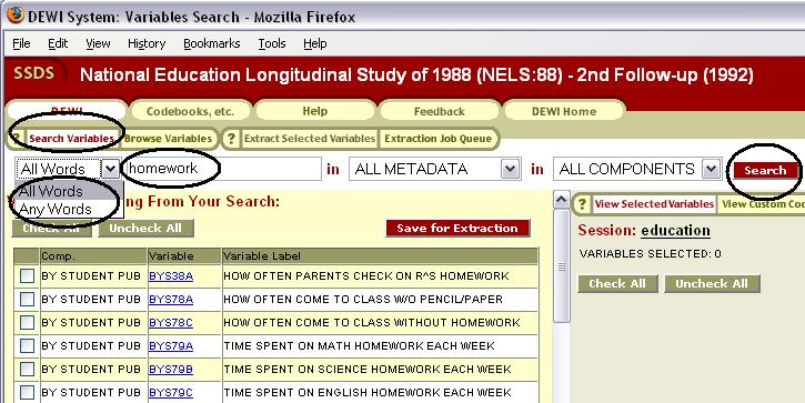 use 'gender', abbreviations or misspellings may be used in variable labels. Submit your search by clicking on the red Search button. The results will be displayed in the 'results panel' (lower left).