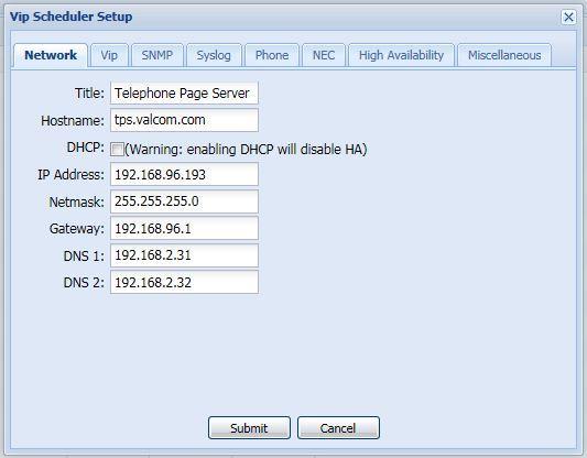 Network This tab is used to set the network address of the VE6023. Static IP addressing is recommended, although the unit can be configured for DHCP.