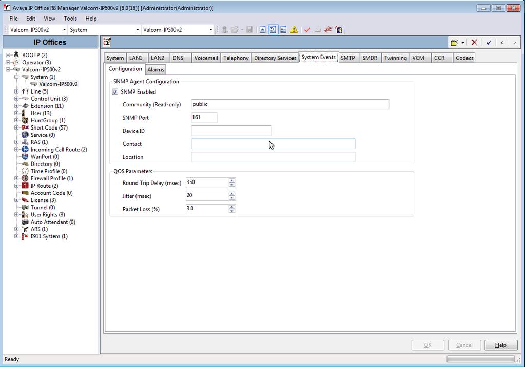 IP Office SNMP Setup Using the IP Office Manager tool from Avaya, connect to the Avaya IP Office server Select your system on the left hand side navigation area, and select the System Events tab