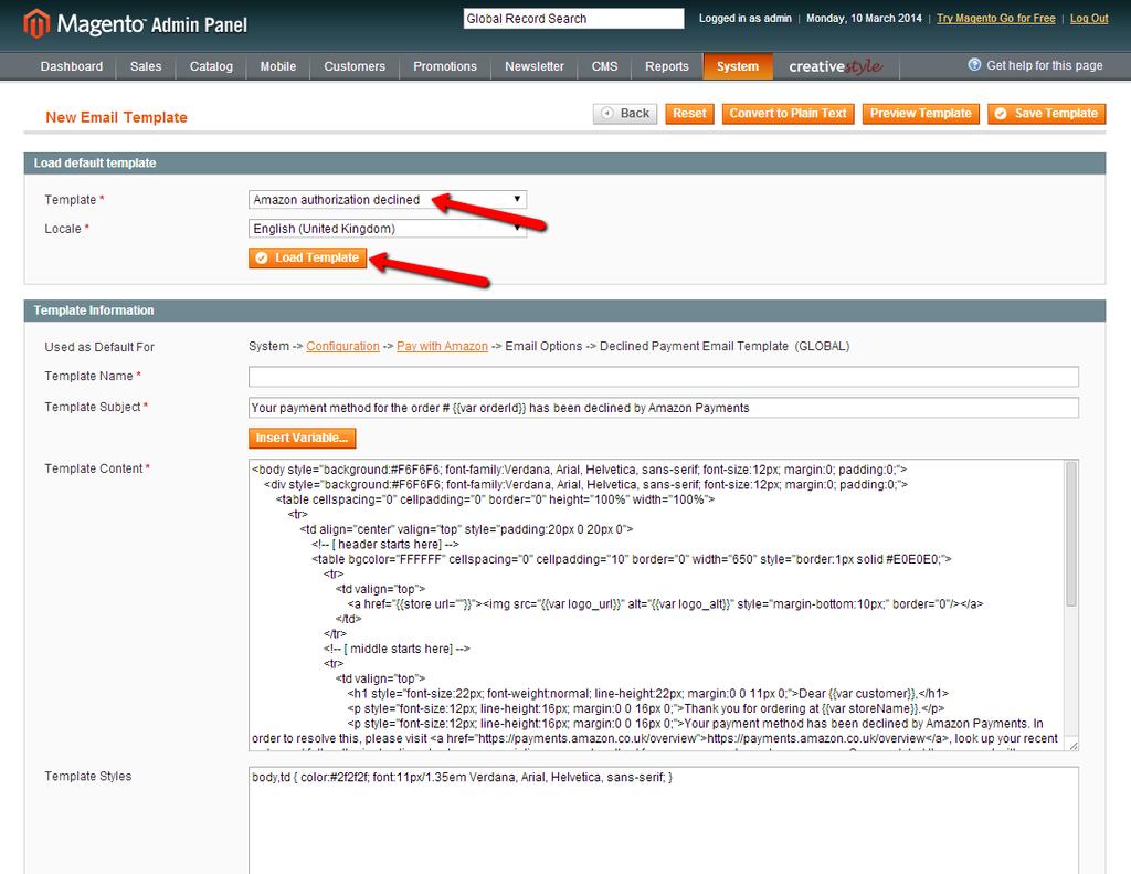 Fields in Template Information section will be filled out with the data taken from the default email template.