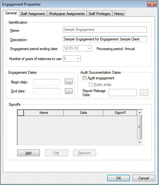 General tab Use this tab to enter general information on the current engagement. Identification Name.