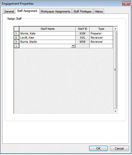 Staff Assignment tab As the staff in charge of the engagement, you can use this tab to assign staff members to the engagement.