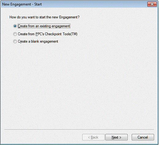 Creating a new engagement After setting up the client in CSA, you can open that client in Engagement CS and add a new engagement. Open the New Engagement wizard by choosing File > New > Engagement.