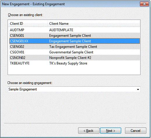 Creating a new engagement from an existing engagement The option to Create from an existing engagement enables you to select an engagement from another Engagement CS client (or template client) and
